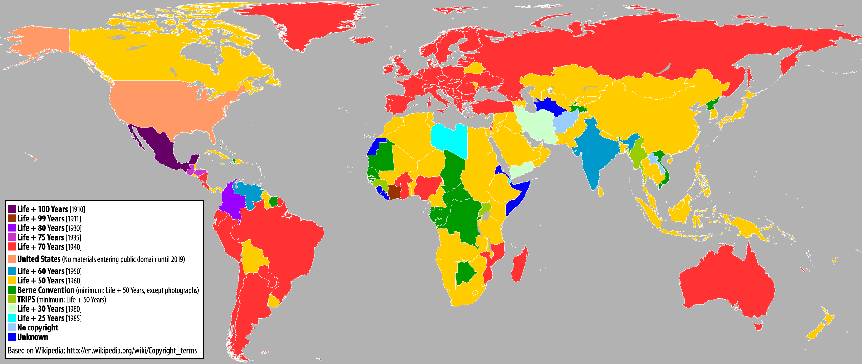 World map of copyright terms